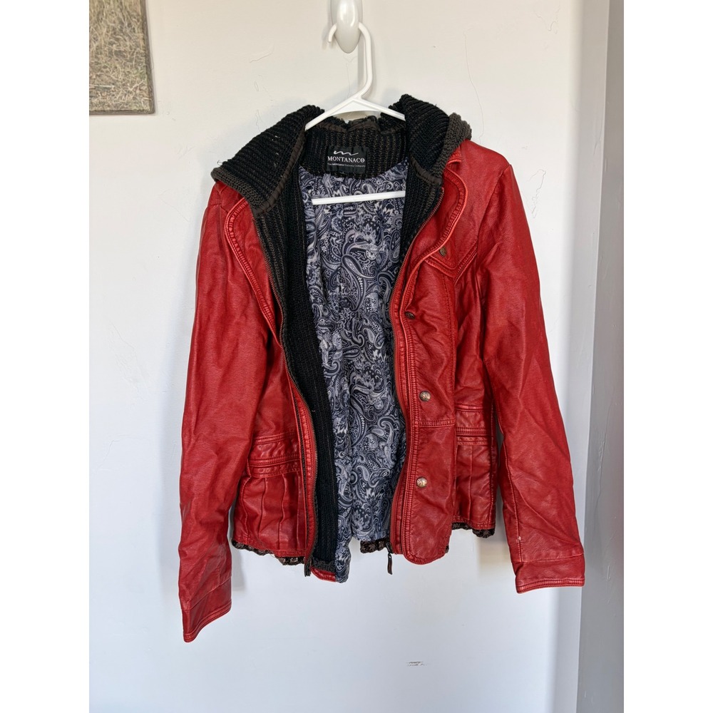 Montanaco Red Faux Leather Jacket Knit Hood Paisley Lining‎ Womens Large